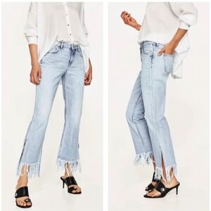 Zara Side Slit Straight Jeans Size 6 Light Wash Fringed Hem Basic Z1975 Denim‎